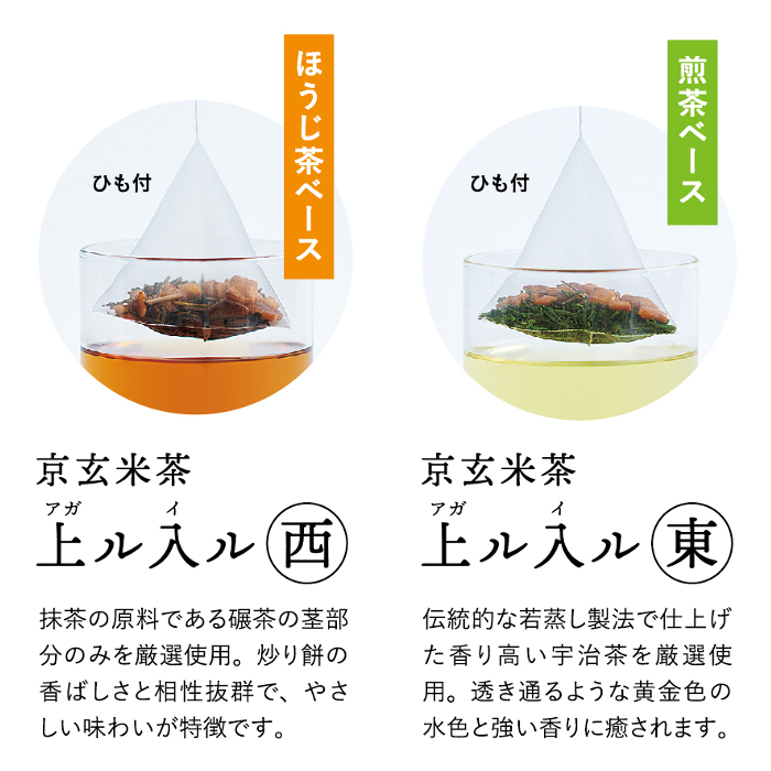 京玄米茶　上ル入ル(東西)ティーバッグ(東4g×15袋　西4g×15袋)〈お茶 茶 玄米茶 煎茶 緑茶 宇治茶 甜茶 茎ほうじ茶 ほうじ茶 ティーバッグ ティーパック 炒り餅 若蒸し ブレンド 飲料〉