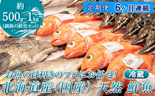 【定期便 6ケ月連続】 お魚の目利きのプロにお任せ！北海道産（国産） 天然 鮮魚 約500g～1kg（釧路の鮮魚セット） 産地直送 冷蔵 冷蔵便 刺身 セット 鮮魚セット 鮮魚ボックス 定期便 魚介類 海鮮 絶品 人気 ヒロセ 北海道 釧路町 釧路超 特産品