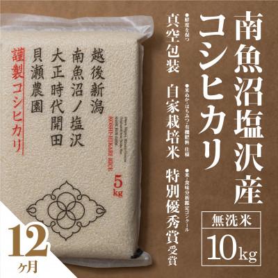 ふるさと納税 南魚沼市 【毎月定期便】南魚沼塩沢産コシヒカリ「貝瀬農園米」無洗米10kg(5kg2袋)全12回