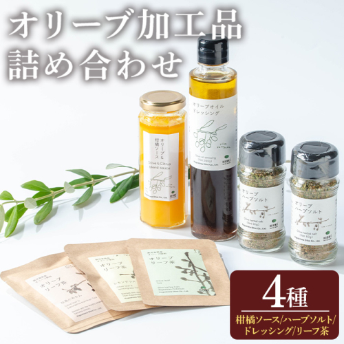 No.1271 日置市産オリーブ加工品詰め合わせセット！(計4種) オリーブ＆柑橘ソース ハーブソルト ドレッシング オリーブリーフ茶  調味料 ギフト 贈答 プレゼント【鹿児島オリーブ】