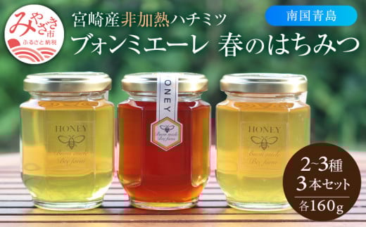 【最速便】【数量・期間限定】宮崎産非加熱ハチミツ(南国青島シリーズ)2～3種 ブォンミエーレ春のハチミツ160g×3本セット_M085-002_01