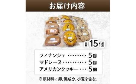 素材にこだわる 手作り焼き菓子 詰め合わせ 計15個 （ スイーツ 焼き菓子 フィナンシェ マドレーヌ クッキー アメリカンクッキー チョコクッキー 宮崎県小林市 ）
