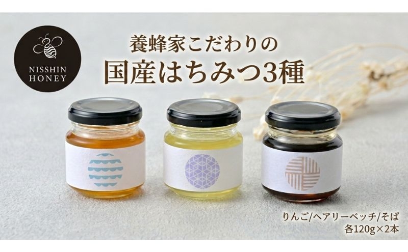 
                  [№5331-0649]養蜂家のとっておき 国産 はちみつ 3種 食べ比べ 各120g×2本 計6本 蜂蜜 ハチミツ りんご ヘアリーベッチ そば ハニー 養蜂 養蜂家 蜜源 ギフト 贈答用 お取り寄せ 日新蜂蜜 送料無料 岐阜県 安八町
                
