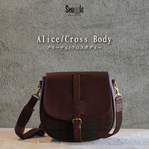 【4パターン展開】 アリーチェ　クロスボディー 【チョコ】  革小物　ハンドメイド　手縫い　一点物　革カバン　トートバッグ　レザートート　スナッグルレザー ツイード×ナイロン