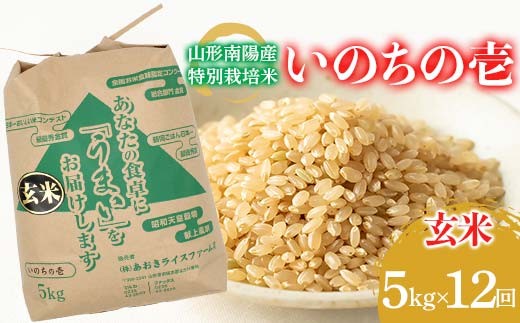 
                  【金賞受賞農家】 《定期便12回》 令和7年産 特別栽培米 いのちの壱 (玄米) 5kg×12か月 『あおきライスファーム』 山形南陽産 米 ご飯 農家直送 山形県 南陽市 [2642]
                