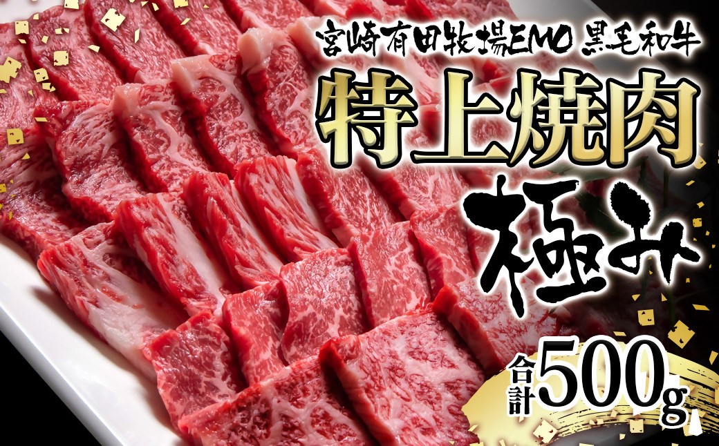 
            【お中元ギフト対応可】黒毛黒毛和牛稀少部位を含む 特上焼肉極み500g 有田牧畜産業ブランドEMO牛 牛肉 焼肉 国産牛肉＜1.8-23＞
          