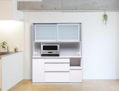 （ホワイト柾目）【開梱設置】 クロノス キッチンボード 幅160cm キッチンボード 引き戸 食器棚 オープンボード 完成品 カップボード ダイニングボード 120幅 大川家具