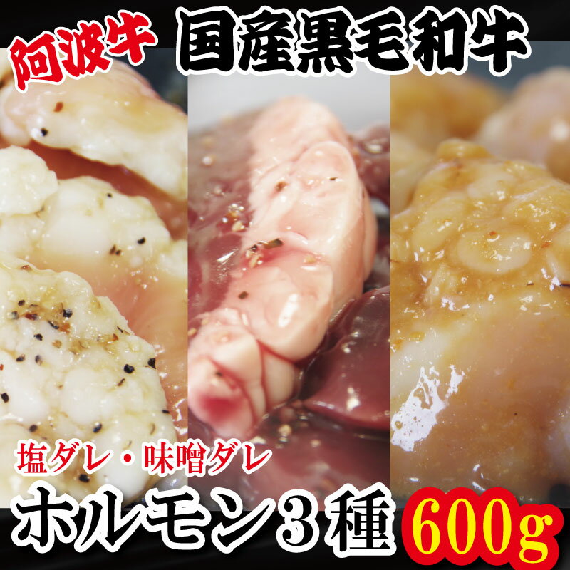 【ふるさと納税】 ホルモン 小腸 大腸 ハツ 3種セット 阿波牛 200g×3パック 小分け 計600g 国産 牛 黒毛和牛 鍋 焼肉 脂 焼き シマチョウ ホソ もつ 肉 牛肉 BBQ 【北海道・東北・沖縄・離島への配送不可】