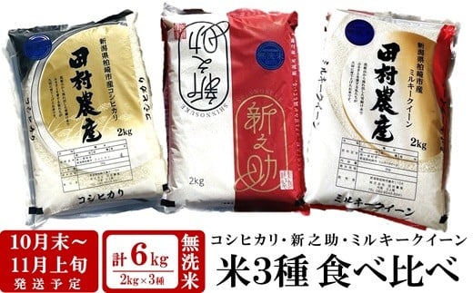 【10月末～11月上旬発送】令和7年産新米 新潟米 3種食べ比べ 無洗米 各2kg（計6kg）コシヒカリ・新之助・ミルキークイーン 田村農産[Y0346]