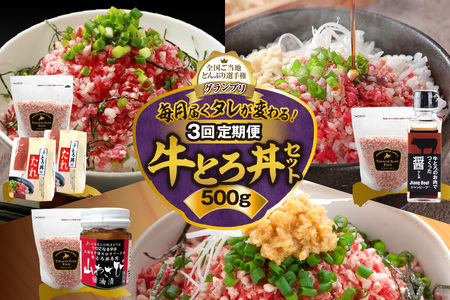 【3回定期便】毎月付属のタレが変わる！牛とろ丼セット500g 計75食分【 牛とろ丼 セット 日勝峠の味セット 山わさび醤油漬け お肉 でつくった （ ひしお ） 牛とろフレーク 500g 専用タレ付き ぎゅうとろ 牛肉 牛トロ フレーク ご飯にかけるだけ 牛トロ ギュウトロ ふりかけ 肉丼 ご飯のお供 人気 牛とろ 北海道 清水町 グルメ 牛フレーク 詰め合わせ お肉 牛 国産 北海道産】_S006-0058