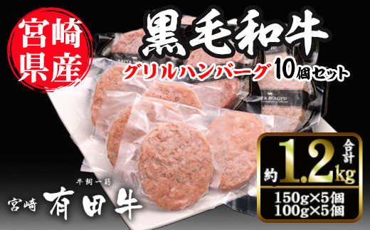 
宮崎黒毛和牛100％グリルハンバーグ10個セット(150g×5個・100g×5個)【AR003】【(有)有田牧畜産業 食肉加工センター】
