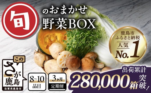 野菜 定期便 3回 旬のおまかせ野菜BOX 8～10品目【累計28万箱突破】| 定期便 野菜定期便 3回 3ヶ月 3か月 新鮮 採れたて 野菜詰め合わせ 野菜セット じゃがいも 人参 ほうれん草 ミニトマト 小松菜 タマネギ キュウリ 椎茸 人気 ランキング 九州 佐賀県 鹿島市 C-47