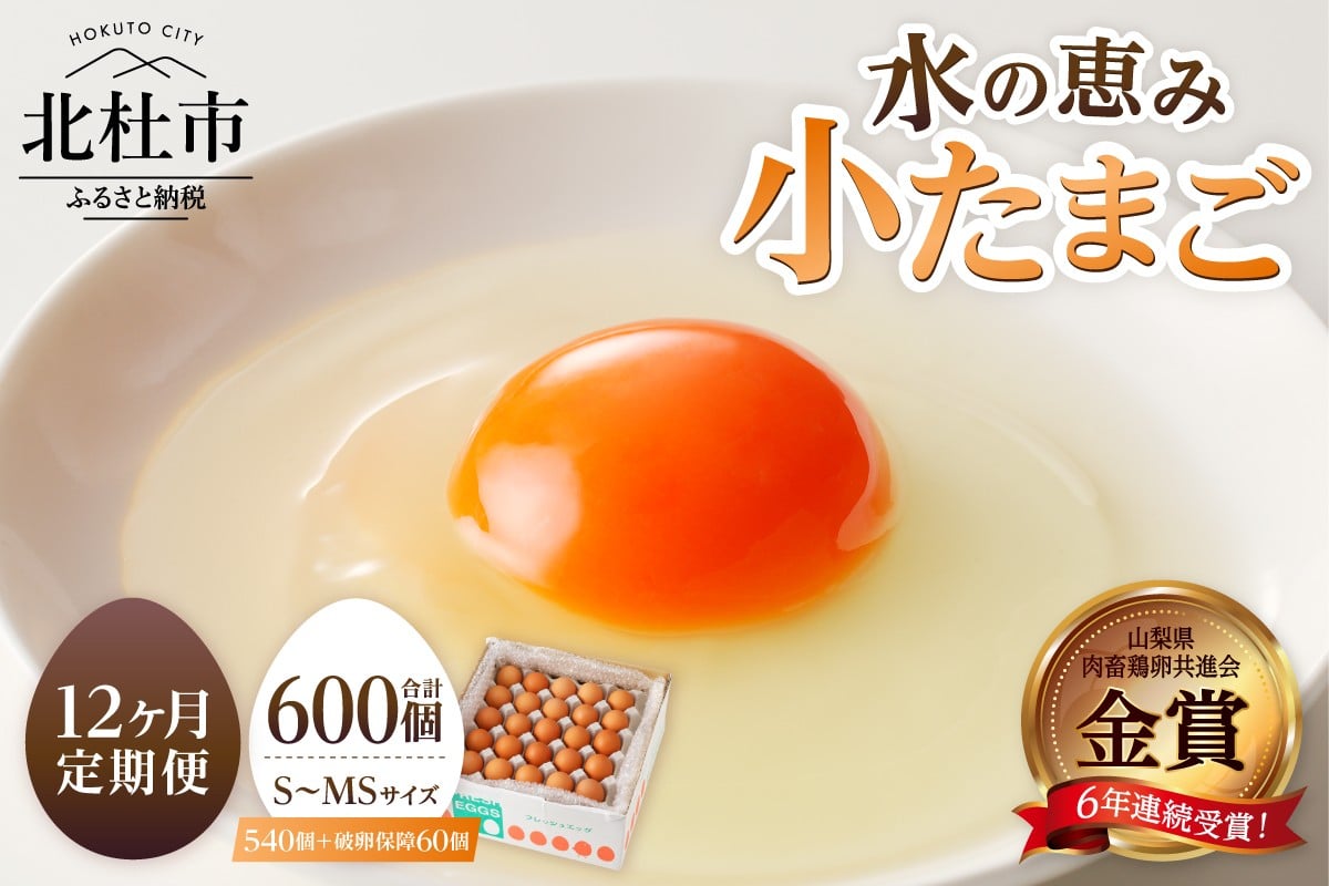 
                  【12ヶ月定期便】水の恵み小卵　たまご S～MS サイズ 小玉 卵 鶏卵 45個 定期便 12ヶ月 水の恵み 小卵 破卵保証5個入り 小ぶり 濃厚 山梨県 北杜市産 ハイチック 明野農場
                