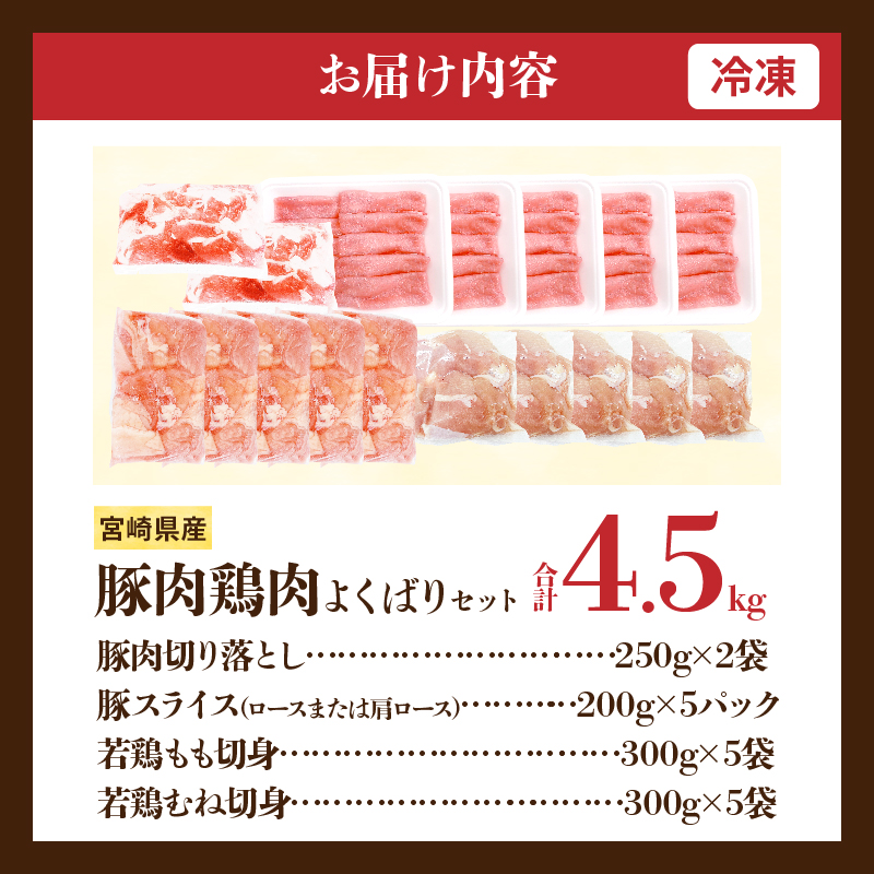 宮崎県産 豚肉＆鶏肉 よくばりセット 合計4.5kg 国産 食品 切り落とし スライス もも むね 切身 小分け 真空パック 万能 便利 簡単調理 食べ比べ おかず から揚げ_DB43-25_イメージ
