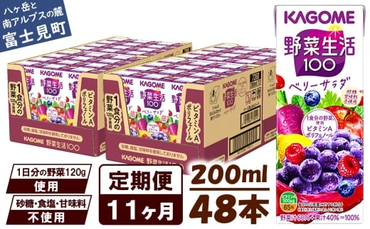 【 定期便 11ヶ月 】 カゴメ 野菜生活100 ベリーサラダ 200ml×48本 ジュース 野菜 果実ミックスジュース 果汁飲料 紙パック 砂糖不使用 1食分の野菜 鉄分 ポリフェノール ビタミンA 飲料類 ドリンク 野菜ドリンク 備蓄 長期保存 防災 飲みもの 長野県 富士見町