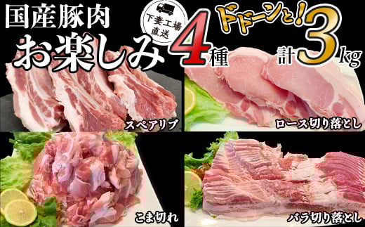 国産豚肉お楽しみ4種セット3kg（小分け真空包装）【下妻工場直送】【 豚肉 セット こま切れ 切り落とし ロース バラ 豚バラ バラ切り落とし 肉 豚こま切れ 小分け パック 便利 マルリン 】