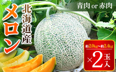 【2025年7月下旬より発送】大玉メロン２玉入１箱(赤肉１玉と青肉１玉、もしくは赤肉２玉)　1玉約2.0kg～約2.4kg【 ふるさと納税 人気 おすすめ ランキング メロン めろん 甘い おいしい 北海道 厚沢部 送料無料 】 ASO001