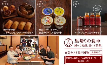 【里帰りの食卓】安芸の人気スイーツ&甘いトマトジュース定期便(3回コース)｜定期便定期便定期便定期便定期便定期便定期便定期便定期便