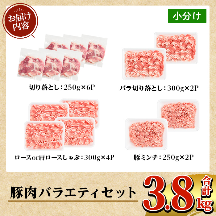 K-309 鹿児島県産豚肉バラエティーセット (計3.8kg) 【TRINITY】霧島市 国産 冷凍 小分け 豚肉 ぶた ブタ 肉 バラ肉 バラ ロース 肩ロース 切り落し ミンチ セット
