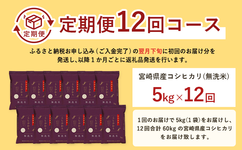 【12か月定期便】無洗米 ＜チャック付＞ 新米 国産 令和8年産 コシヒカリ 5kg×12回 宮崎県産 お米 白米 おすすめ 簡単 ご飯 弁当 精米 おにぎり