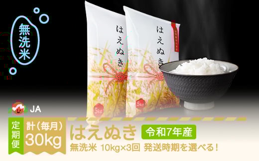 【先行予約】 新米 米 はえぬき 毎月定期便 10kg×3回 無洗米 令和7年産 2025年産 2026年1月上旬～ ja-hamxa10-m1to3a