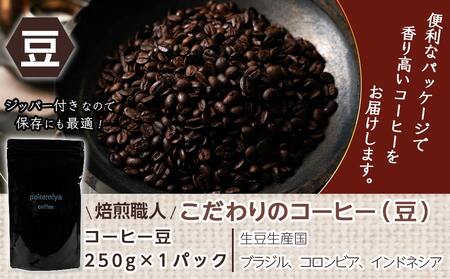 焙煎職人こだわりのコーヒー【豆】250g 小分けパック(ジッパー・バルブ付) ※中深煎り※≪みやこんじょ特急便≫_LA-3303-Q _(都城市) コーヒー豆 250g×1パック 少量パック 保存に便