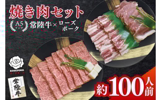 常陸牛A5ランク・ローズポーク焼肉セット　合計約100人前！｜焼肉 BBQ カルビ ロース バラ 国産牛 和牛 牛肉 豚肉 茨城県 水戸市  国産 老舗精肉店（EK-90）