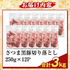 K-429-D ＜訳あり＞鹿児島県産 さつま黒豚切り落とし(計3kg)【ふるさと産直バザール】霧島市 部位ミックス 切落し 黒豚 国産 鹿児島県産 肉 精肉 ワケアリ