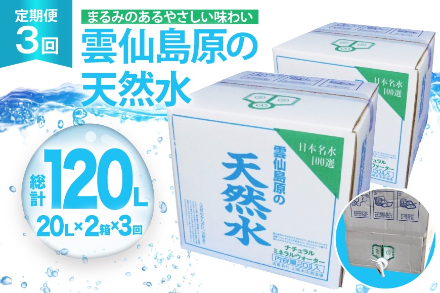 AJ626 山崎本店酒造場 【3回定期便】 雲仙島原の天然水 20L 2箱 [ 水 天然水 ウォーター おいしい 定期便 定期 名水百選 大容量 日用品 軟水 長崎県 島原市 ]