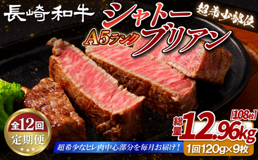 B396 【全12回定期便】長崎和牛A5等級 シャトーブリアン 120g×9枚 総量108枚 12.96kg 【田中精肉店】シャトーブリアン ヒレ フィレ ステーキ 赤身 和牛 黒毛和牛 牛肉 希少部位