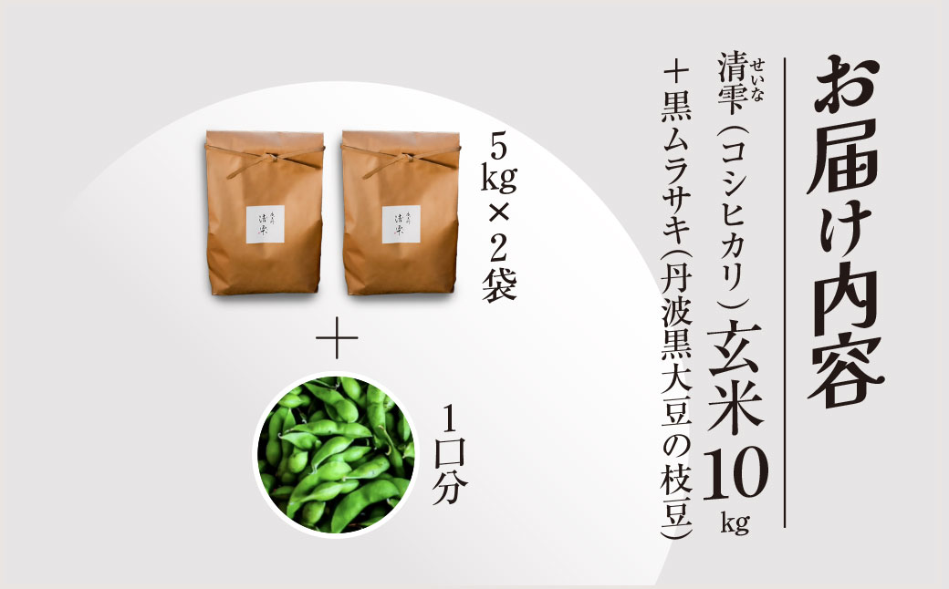 ＜令和8年10月中旬より発送！＞田んぼオーナーシップ1口分　清雫　玄米10kg+黒ムラサキ（丹波黒大豆の枝豆）/ ふるさと納税 田んぼ オーナー制度 米 玄米 令和8年度産 先行 収穫 夜久野 京都 