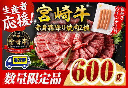 【令和7年10月発送分】宮崎牛 赤身・霜降り焼肉2種600g+粗挽きウインナー【 肉 牛肉 国産 黒毛和牛 肉質等級4等級以上 4等級 5等級 】