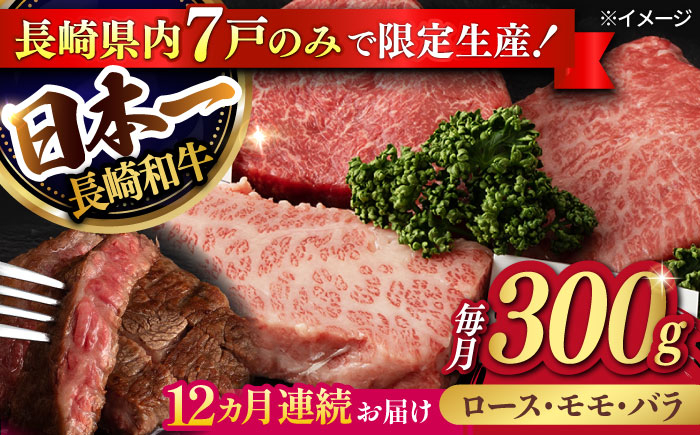 
【12回定期便】【限定生産】ステーキ 3種盛り 長崎和牛 出島ばらいろ（300g/回）【肉のマルシン】 [FG19] 肉 牛肉 ロース カルビ モモ 赤身 ステーキ 焼肉 定期便
