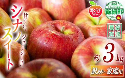 りんご 葉とらず シナノスイート 家庭用 〜 訳あり 3kg フレッシュフルーツミカズキ 沖縄県への配送不可 2026年10月中旬頃から2026年10月下旬頃まで順次発送予定 令和8年度収穫分 傷 不揃い リンゴ 林檎 果物 フルーツ 信州 長野 予約 農家直送 長野県 飯綱町 [1650]