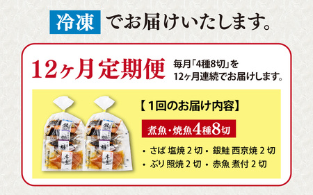 【12ヶ月連続 定期便】骨取り 煮魚・焼き魚・西京漬 4種8切 レンチン [L-088063] / 魚 鮭 赤魚 ぶり さば 西京 小分け レンチン 時短 ごはんお供 惣菜 焼き魚 煮魚 鯖 鰤 和食