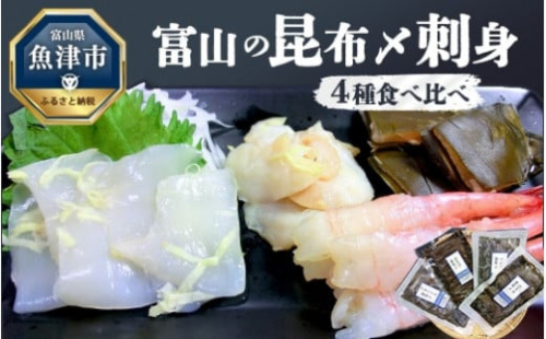 富山の昆布〆刺身4種食べ比べ（アオリイカ・ヒラメ・バイ貝・甘エビ）各1枚 ※北海道・沖縄・離島への配送不可