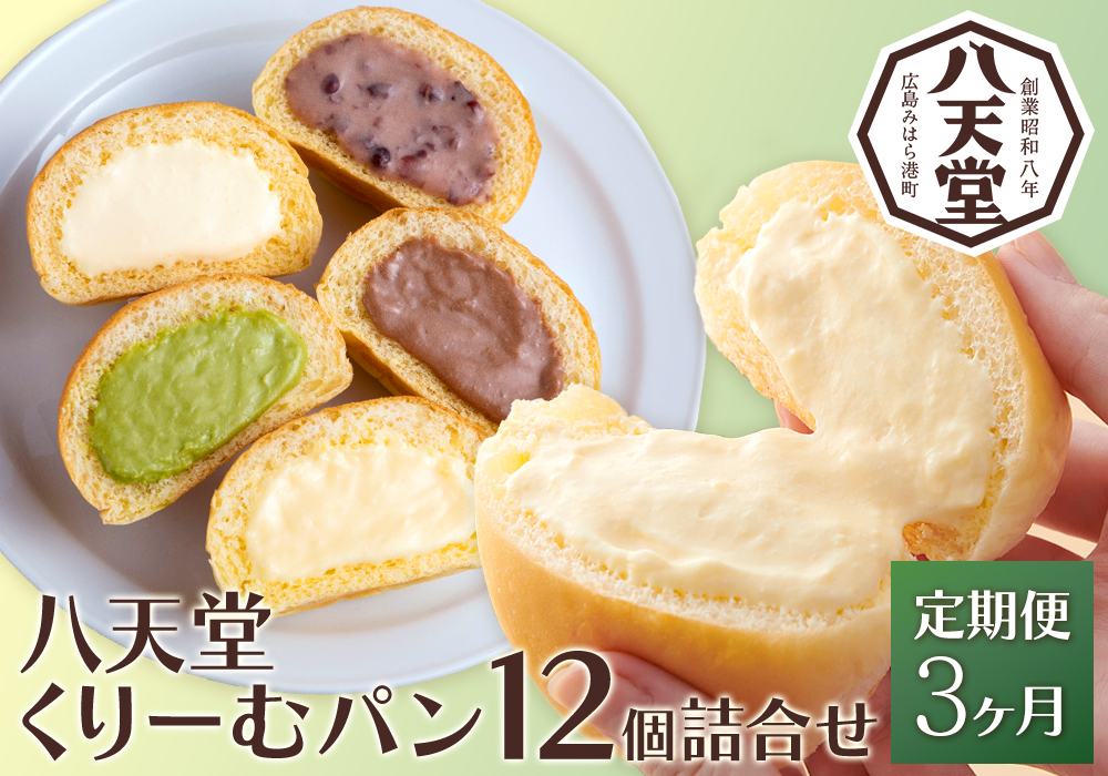 【3か月定期便】【八天堂】とろけるくりーむパン 12個詰合せ (全5種) 計3回お届け クリームパン 菓子パン スイーツ とろける食感 食べ比べ カスタード 生クリーム チョコレート 抹茶 冷凍 冷凍配送 ギフト 子どもが喜ぶ 人気 詰め合わせ 菓子 ランキング 高評価 広島県三原市 015063
