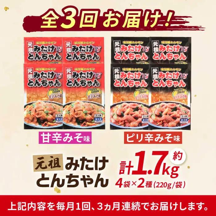 【3回定期便】「元祖みたけとんちゃん」甘辛＆ピリ辛 各4袋（16人前）[AVAA015]ホルモン 定期