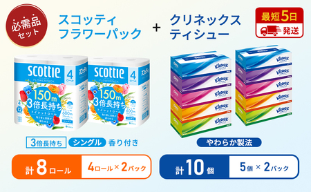 セット トイレットペーパー シングル 8個 ティッシュ 10箱 クリネックス スコッティ トイレット
