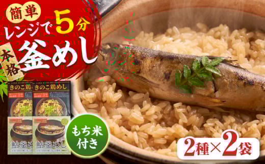 【レンジで簡単】釜めし2種セット 鮎釜めし・鶏めし 各130g×2 もち米 120g×4 日田市 / 有限会社マルナカフーズ　ごはん レンジ 簡単[ARAG002]