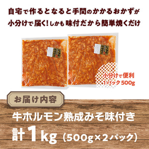 牛ホルモン熟成みそ味付き (計1kg:500g×2パック)牛ホルモン 熟成みそ おつまみ おかず 惣菜 弁当 バーベキュー 手作り 簡単調理 冷凍 下味付き＜離島配送不可＞【ksg1845】【博多食肉