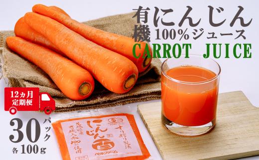 【12ヵ月連続お届け】ベルファームつくばのにんじんジュース 100% 100g × 30袋 ＜離島・沖縄配送不可＞【 茨城県 つくば市 にんじん ニンジン 人参 ジュース 健康 無農薬 新鮮 オーガニック フレッシュジュース 無添加 定期便 】