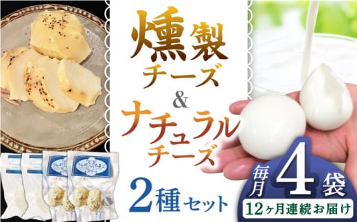 【全12回定期便】贅沢自家製チーズ2種セット（燻製ナチュラルチーズ2袋 サンモッツァ2袋） 山都町 熊本 くんせい つまみ スモーク 生乳 モッツァレラ セット 定期 【山の未来舎】 [YBV037]