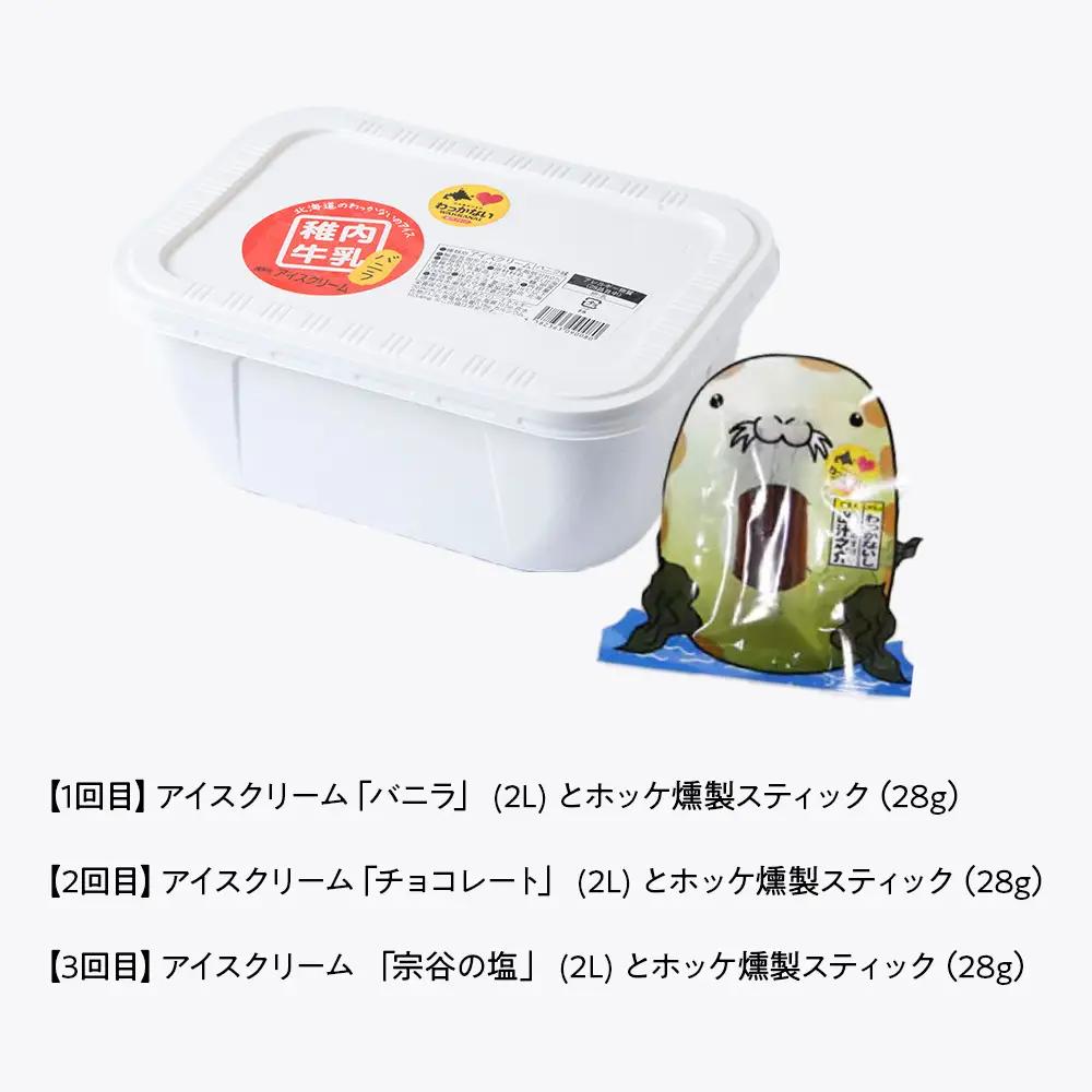 【毎月定期便】【業務用】稚内牛乳 アイスクリーム 2L と 出汁之介ホッケ燻製スティック全3回【配送不可地域：離島・沖縄県】