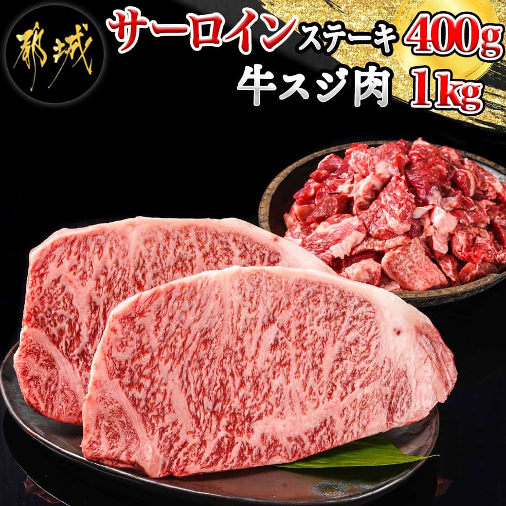 【ふるさと納税】都城産宮崎牛サーロインステーキ400g＆牛スジ肉1kg - 都城産宮崎牛 サーロインステーキ 200g×2枚 牛スジ肉（真空）500g×2袋 ギフト 贈答用 送料無料 28-4201【宮崎県都城市は2年連続ふるさと納税日本一！】