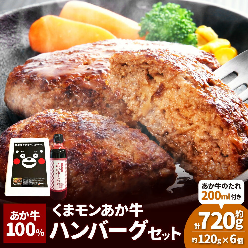 【ふるさと納税】くまモンあか牛ハンバーグセット（あか牛ハンバーグ120g×6個、あか牛のたれ200ml付き） あか牛100％使用 あか牛 和牛 牛肉 お肉 ウシ 褐毛和種 赤酒使用 冷凍 熊本阿蘇 国産 熊本県産 九州 熊本県 湯前町 送料無料