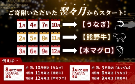 ＼新登場／ 【全3回定期便】 国産うなぎ 高級和牛 本マグロ ≪豪華三傑 定期便≫ 人気返礼品を3回お届け♪♪【tkb104】
