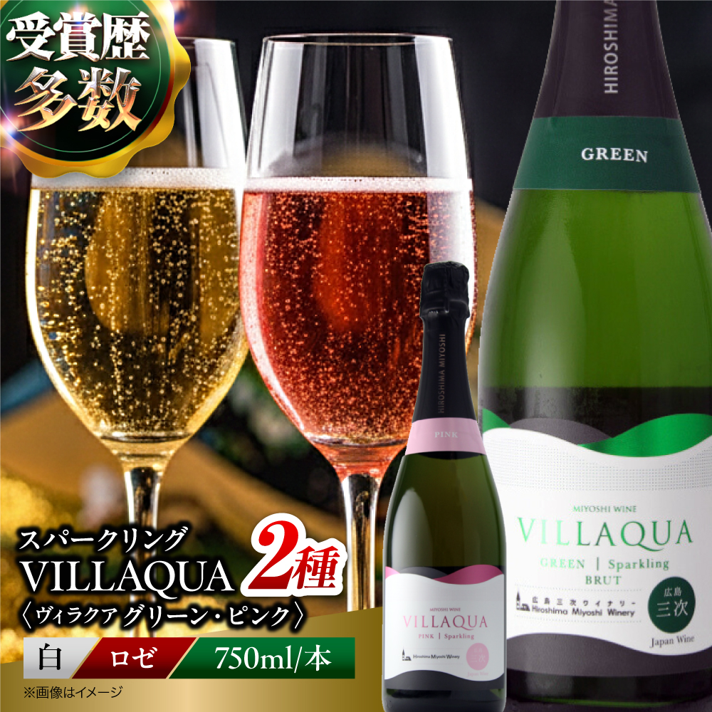 VILLAQUA グリーン・ピンク 750ml 2本セット ワインセット 白ワイン ロゼ ワイン スパークリングワイン 発泡性 辛口 ギフト 広島 三次 酒 三次市 / 広島三次ワイナリー [APAZ156]