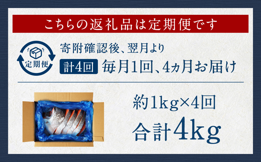 【4カ月定期便】【訳あり】 厚切り 銀鮭切身 約1kg×4回 合計約4kg