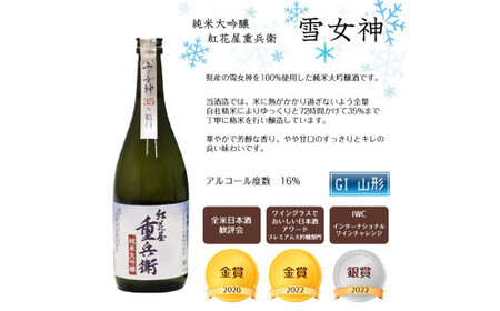 「 紅花屋重兵衛 純米大吟醸 雪女神 」と「 紅花屋重兵衛 大吟醸 」720ml×2本 受賞酒 飲み比べセット　024-E-FR012